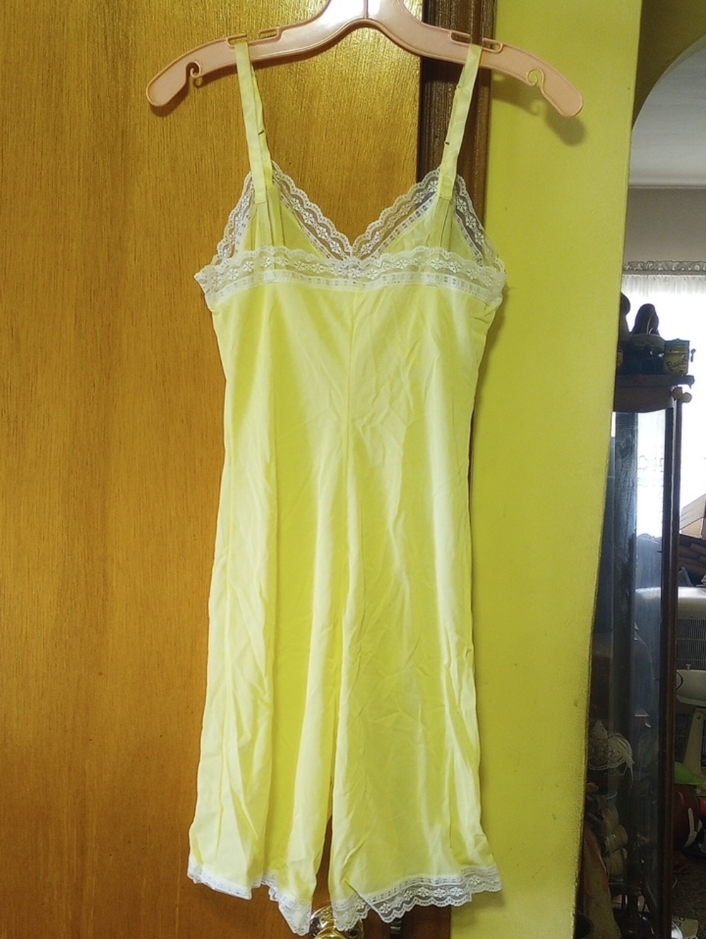 NWOT Yellow Nylon & White Lace Divided Slip w/ Snap Crotch & Adjustable Straps - Picture 5 of 7